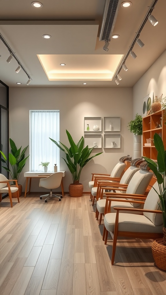 Interior view of a nail salon with natural materials and plants