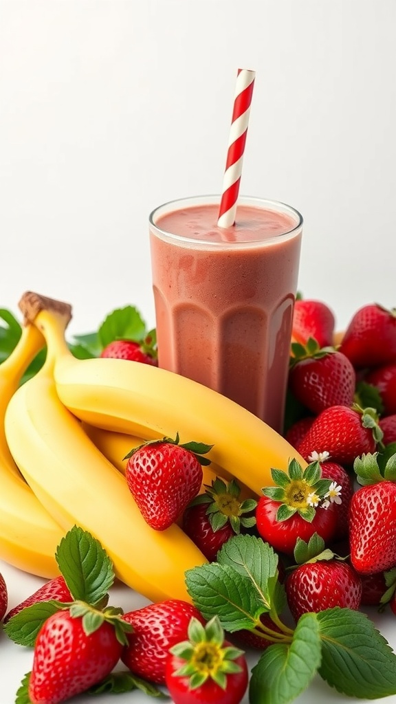 A refreshing strawberry banana smoothie surrounded by strawberries and bananas