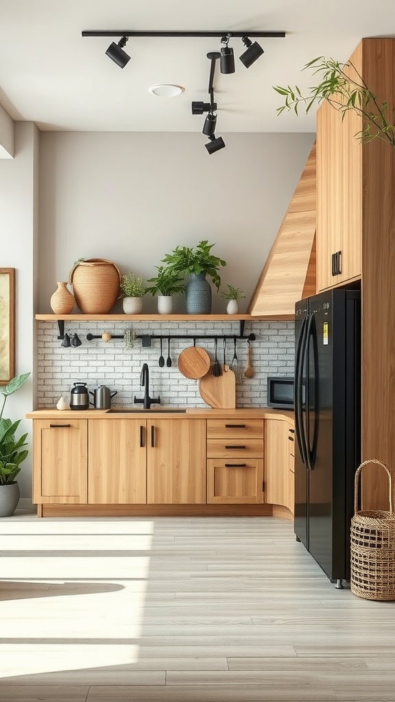 A beautifully designed kitchen interior showcasing natural wood cabinets and greenery.