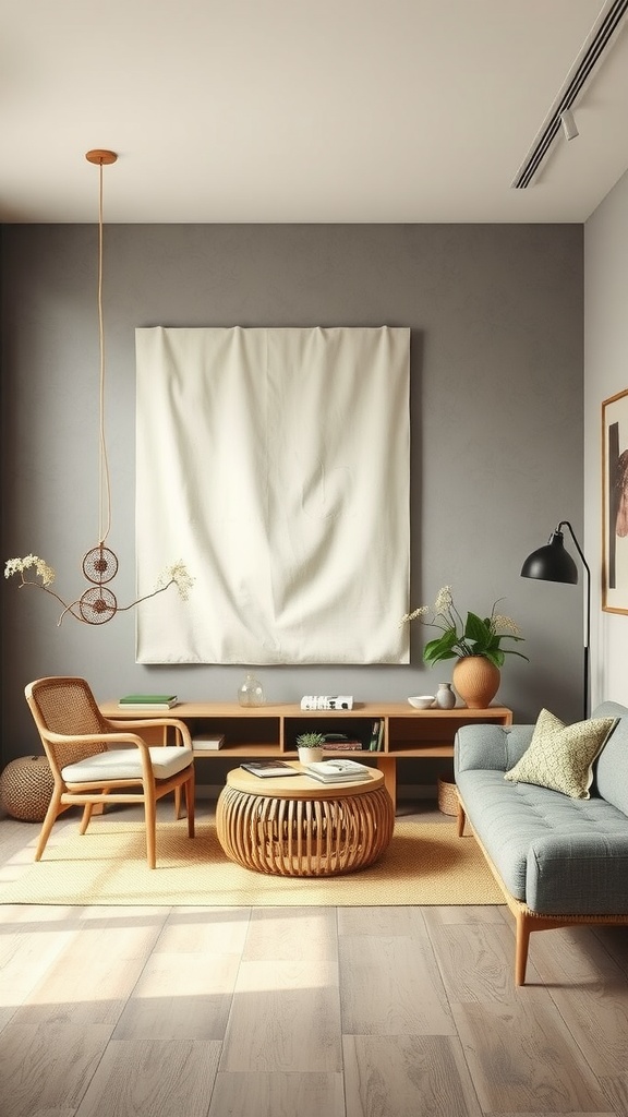A cozy living room with natural wood furniture and organic textiles.