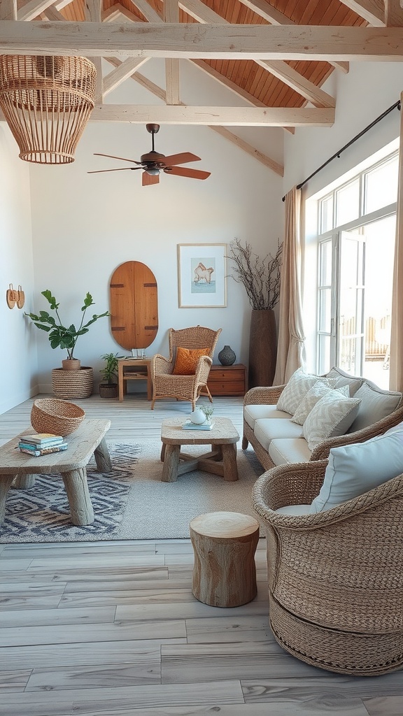 Cozy beach house interior featuring sustainable materials like wood and natural fibers.