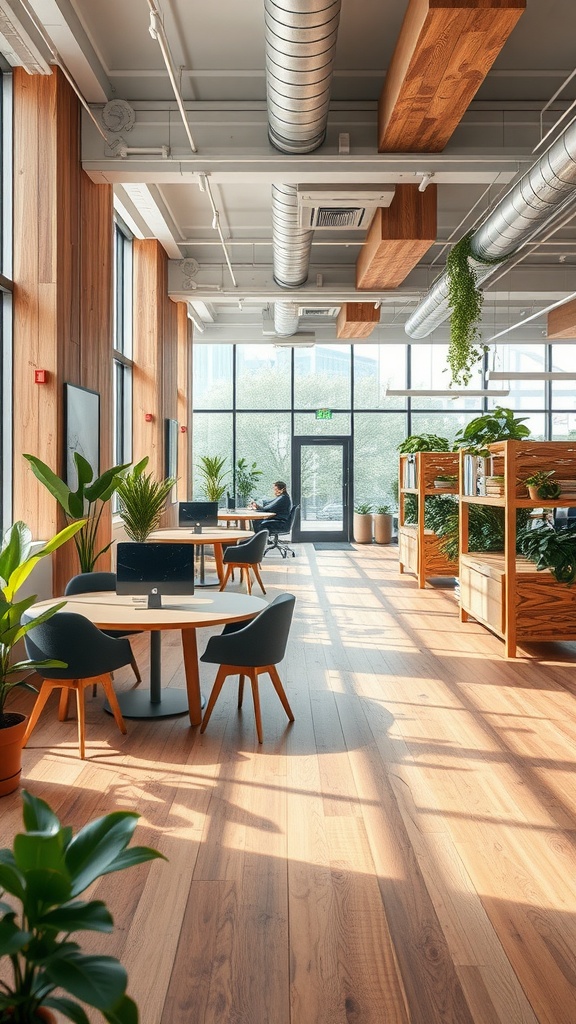 Bright modern office interior with wooden elements and plants.