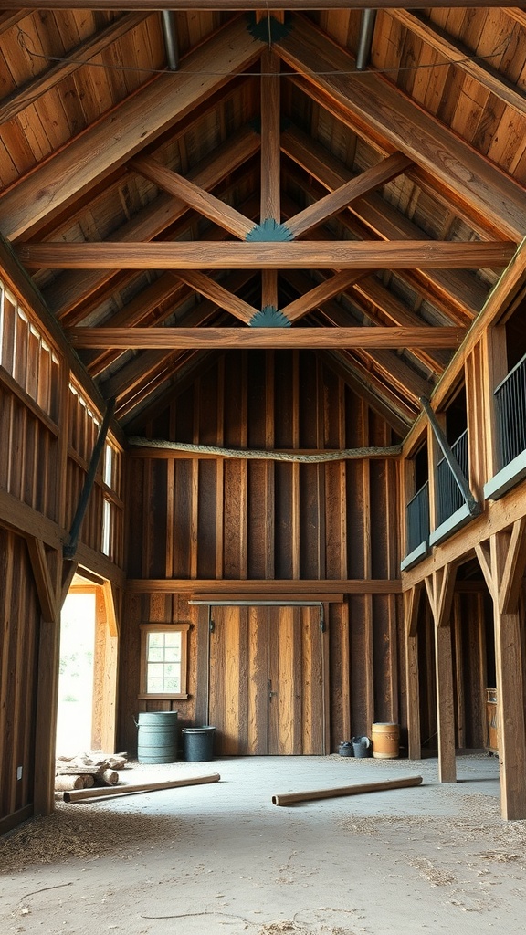 Interior of a barndominium showcasing wooden beams and walls.