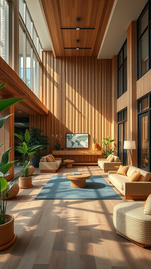 A modern lobby interior showcasing sustainable materials and natural elements.