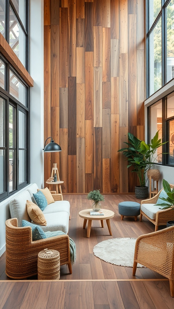 A modern classic interior featuring wooden wall panels, comfortable seating with natural textures, and greenery.