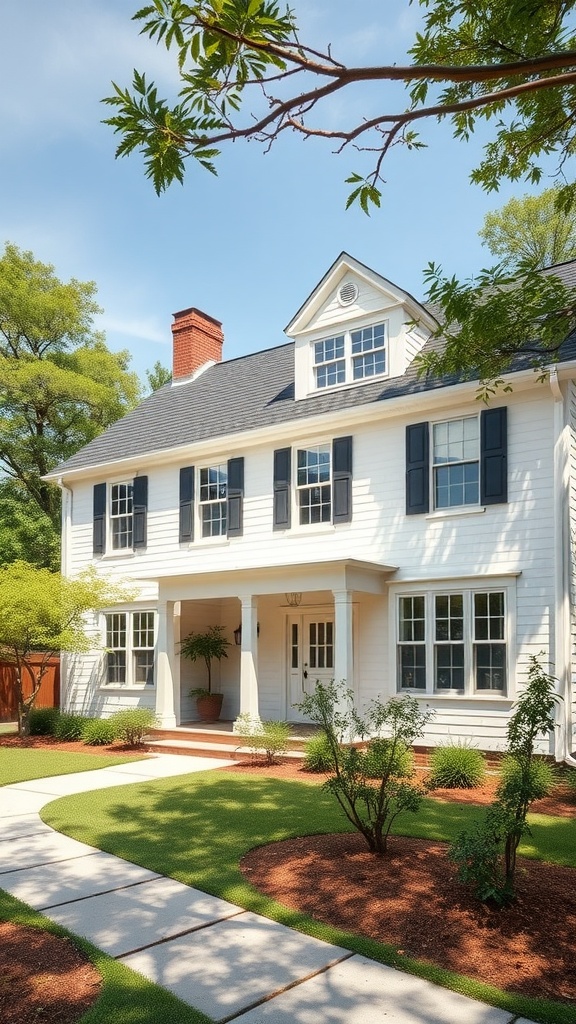 A colonial style house with a well-maintained garden and pathway.