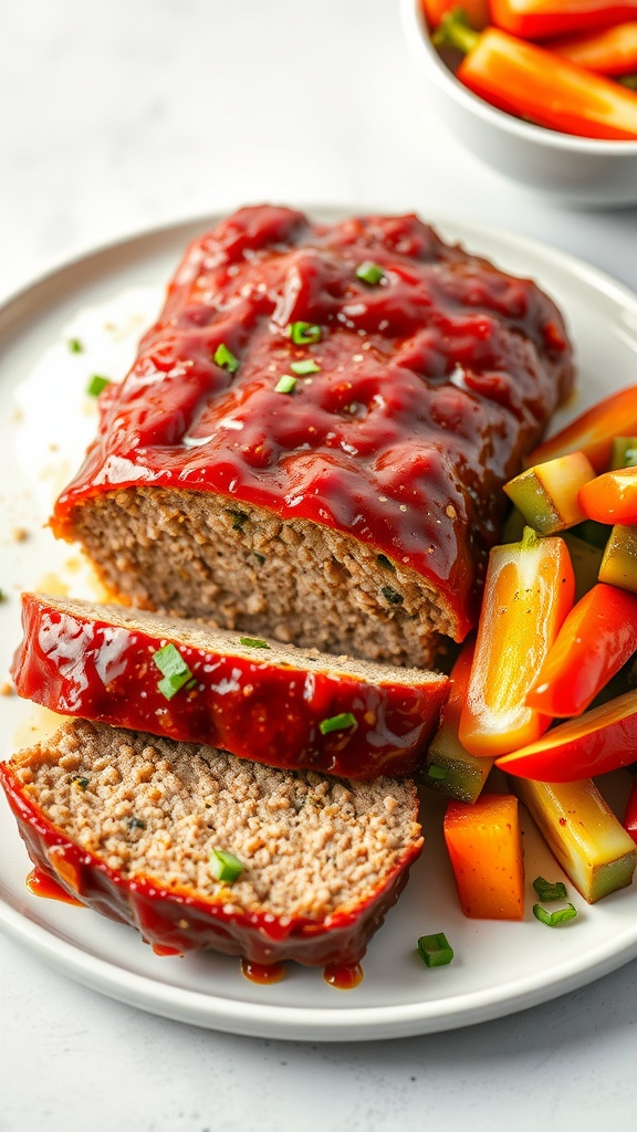 A delicious slice of sweet and sour keto meatloaf served with colorful veggies.