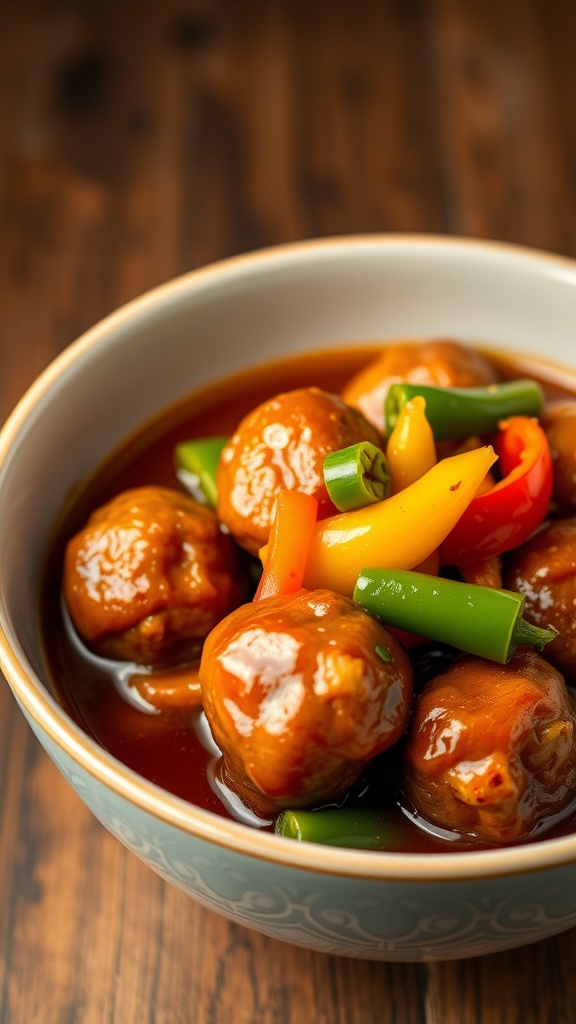 A bowl of sweet and sour meatballs with colorful peppers.