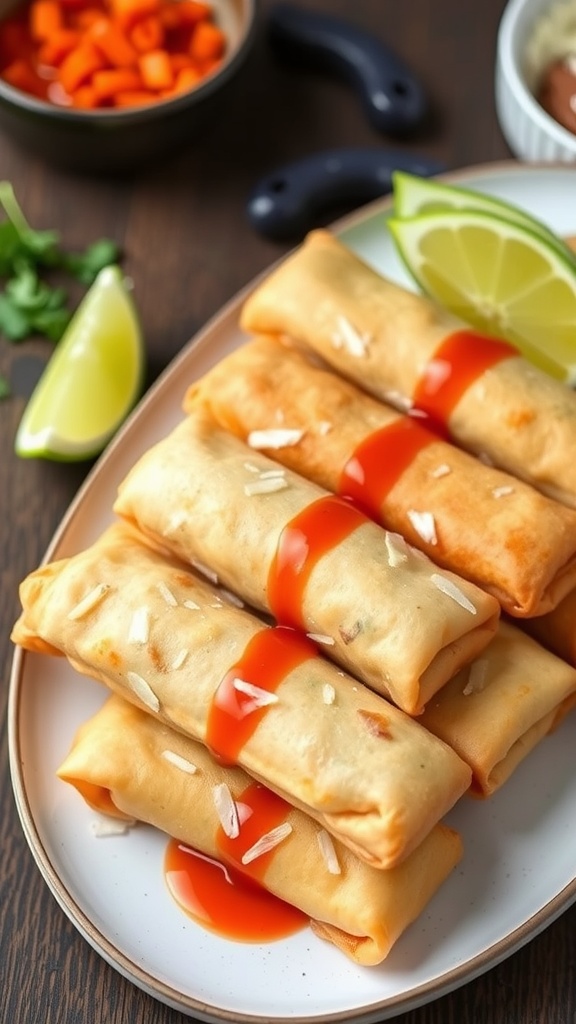 A plate of keto egg rolls drizzled with sauce, garnished with lime and herbs.