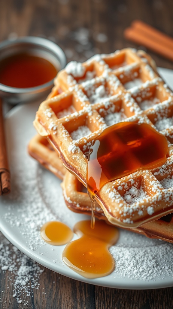 A plate of Sweet Cinnamon Chaffles topped with syrup and powdered sugar