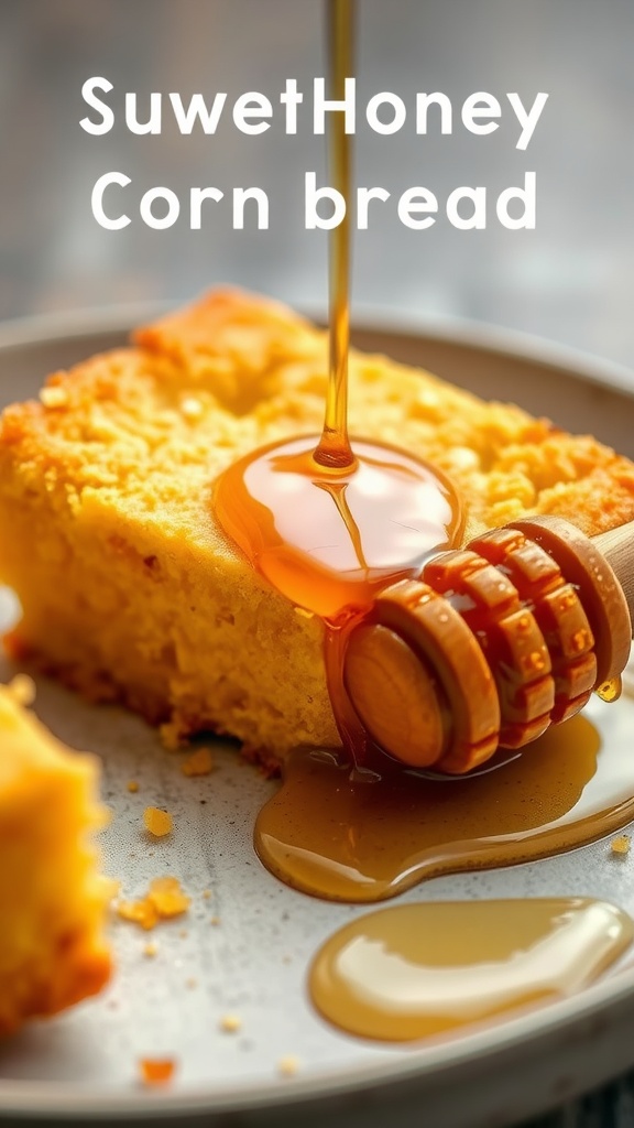 A slice of sweet honey cornbread with honey drizzle