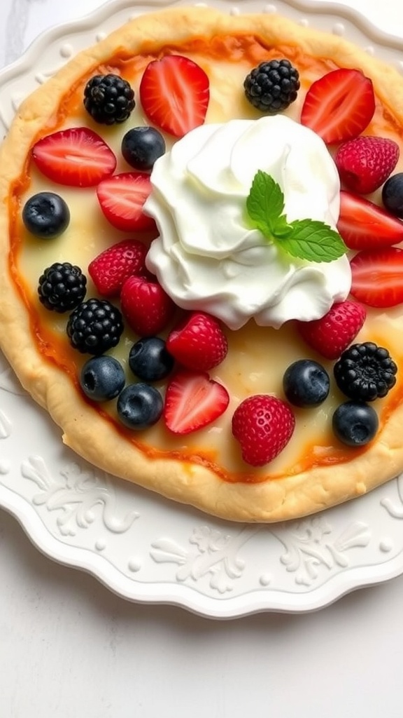 A keto dessert pizza topped with cream cheese, mixed berries, and whipped cream.