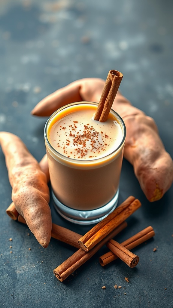 A glass of sweet potato and cinnamon smoothie with sweet potatoes and cinnamon sticks nearby.