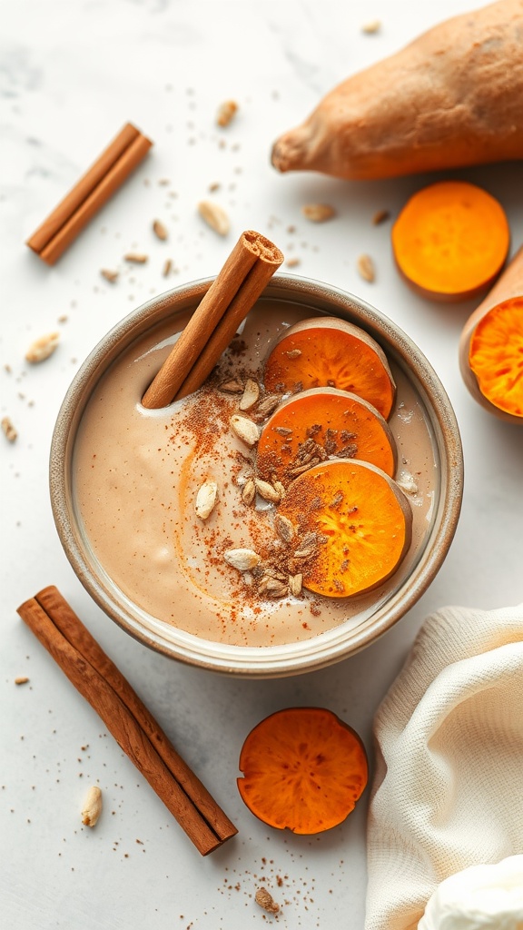 A creamy sweet potato smoothie topped with cinnamon and banana slices in a bowl.