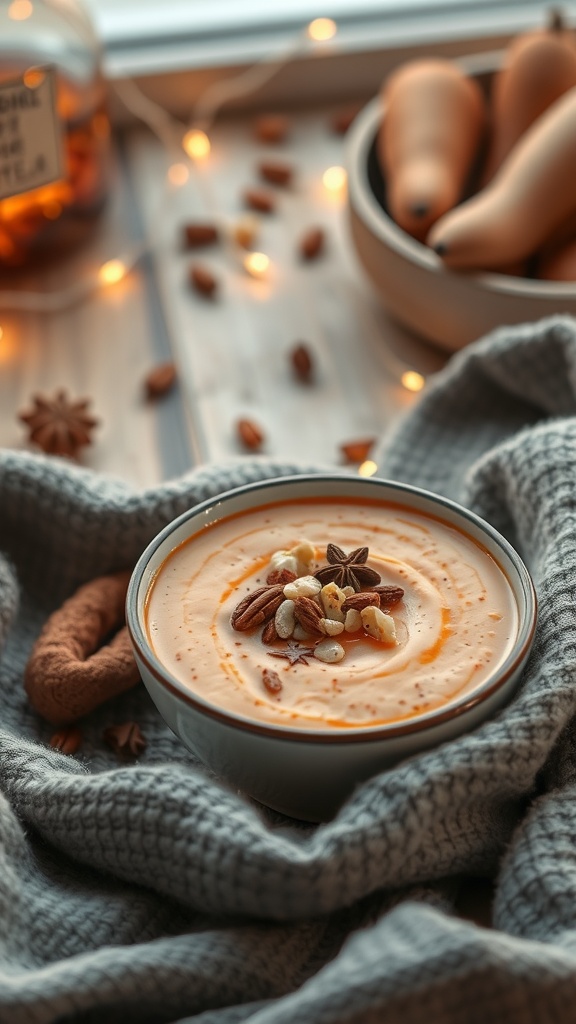 A comforting sweet potato smoothie topped with nuts and spices, perfect for bedtime.