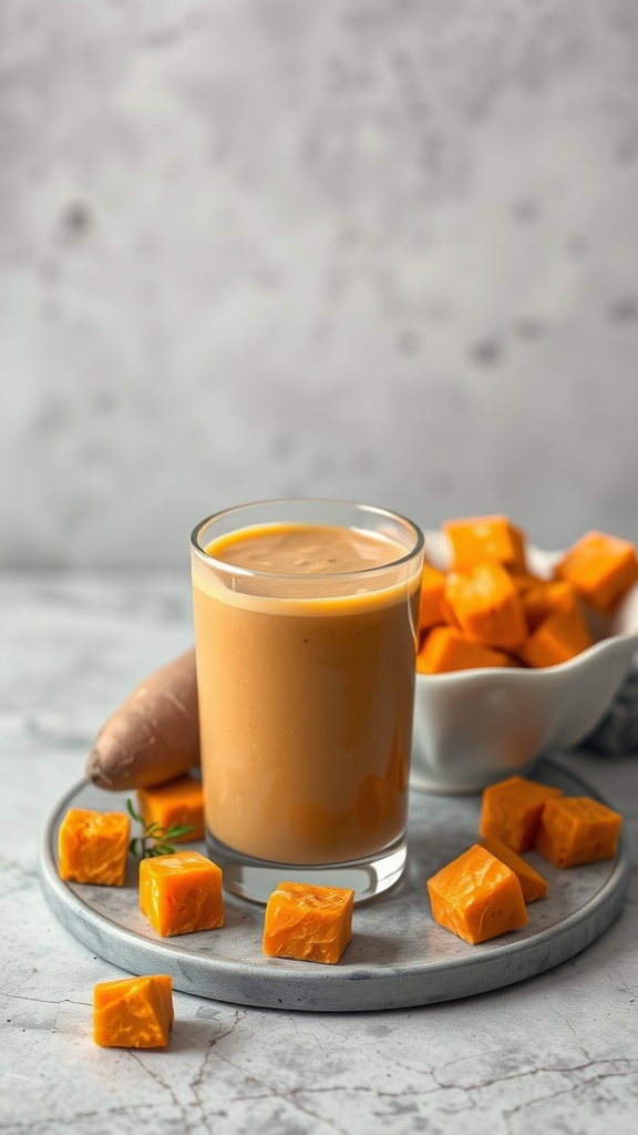 A glass of sweet potato protein smoothie surrounded by sweet potato cubes.