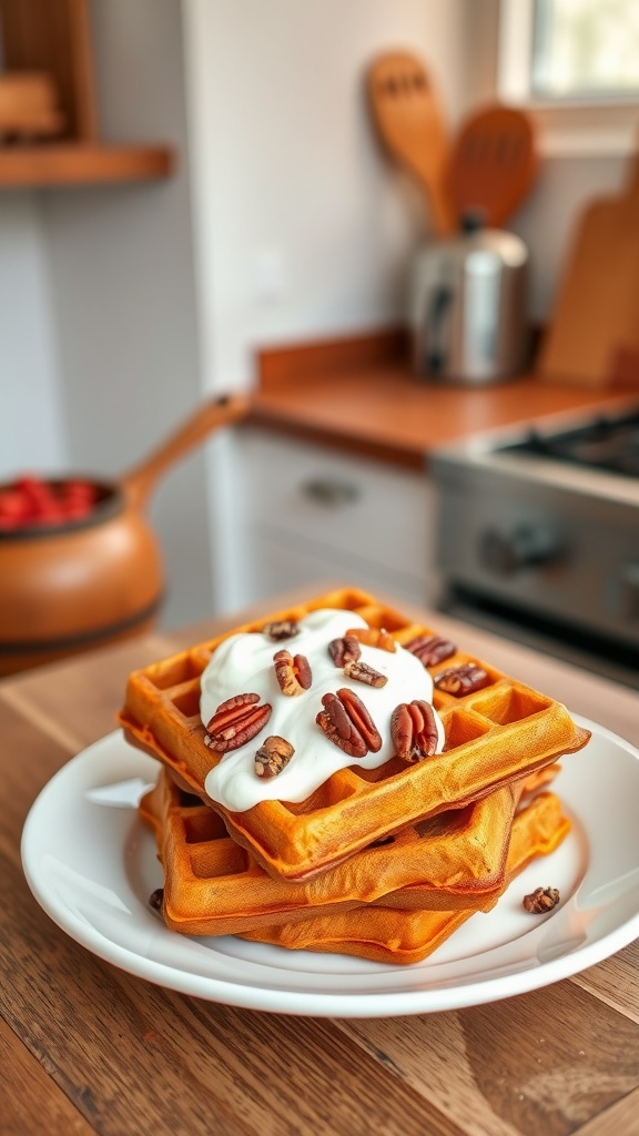 A stack of sweet potato waffles topped with yogurt and pecans on a plate.