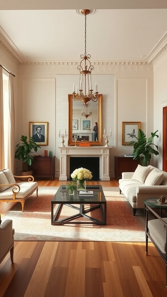 A neoclassical living room with elegant symmetrical furniture arrangement.