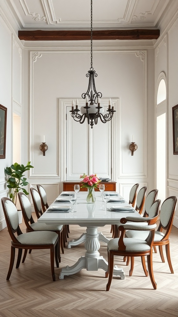 A beautifully arranged dining room with a long table, elegant chairs, and a chandelier.