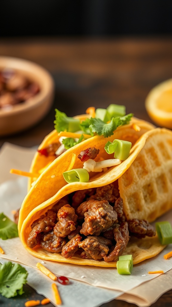 Taco chaffle filled with seasoned meat and fresh toppings.