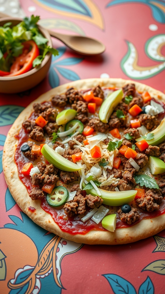 A taco keto pizza topped with seasoned meat, vegetables, and cheese.