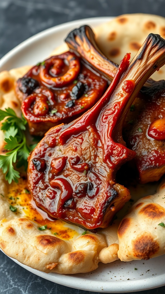 Tandoori lamb chops served with naan and garnished with cilantro