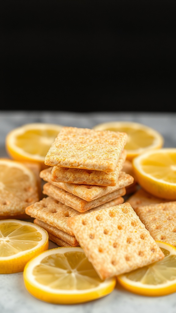 A stack of tangy lemon almond crackers with lemon slices.