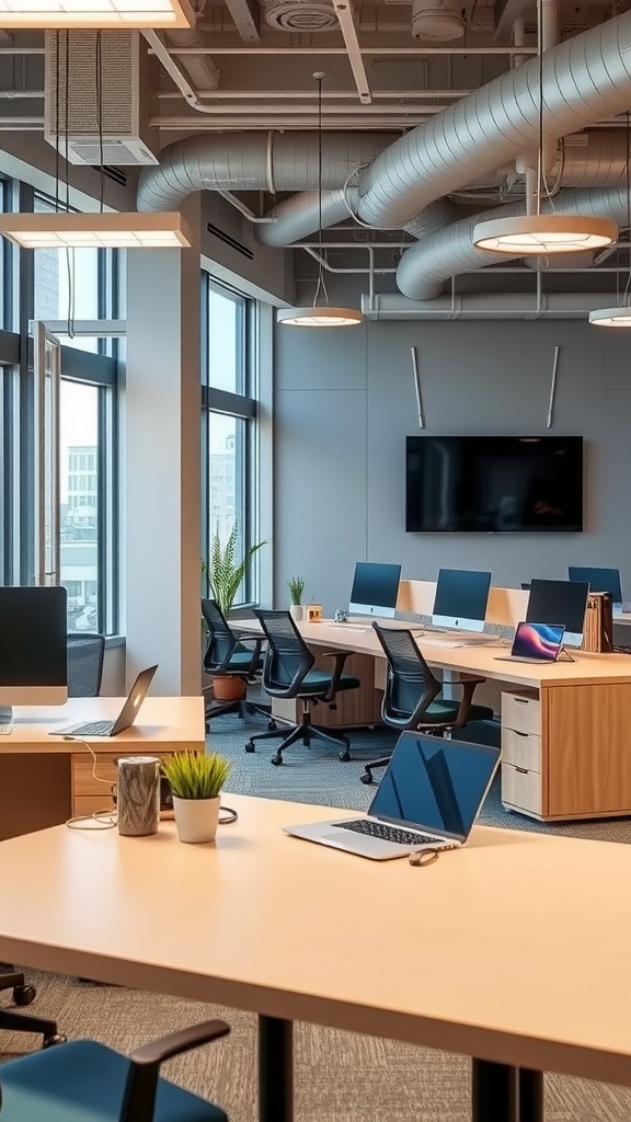 A modern office interior featuring large windows, sleek desks, and tech amenities.