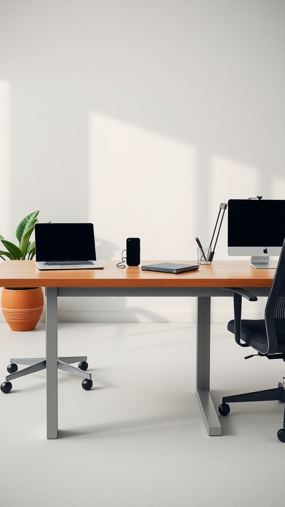 A modern office desk setup with two computers, a phone, and a plant.