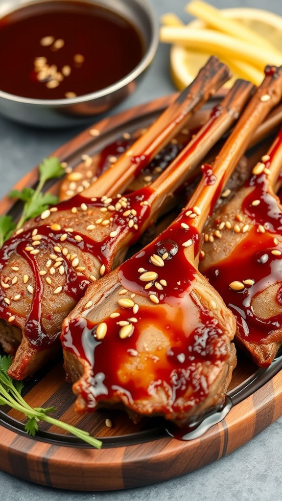 Plate of teriyaki lamb chops garnished with sesame seeds