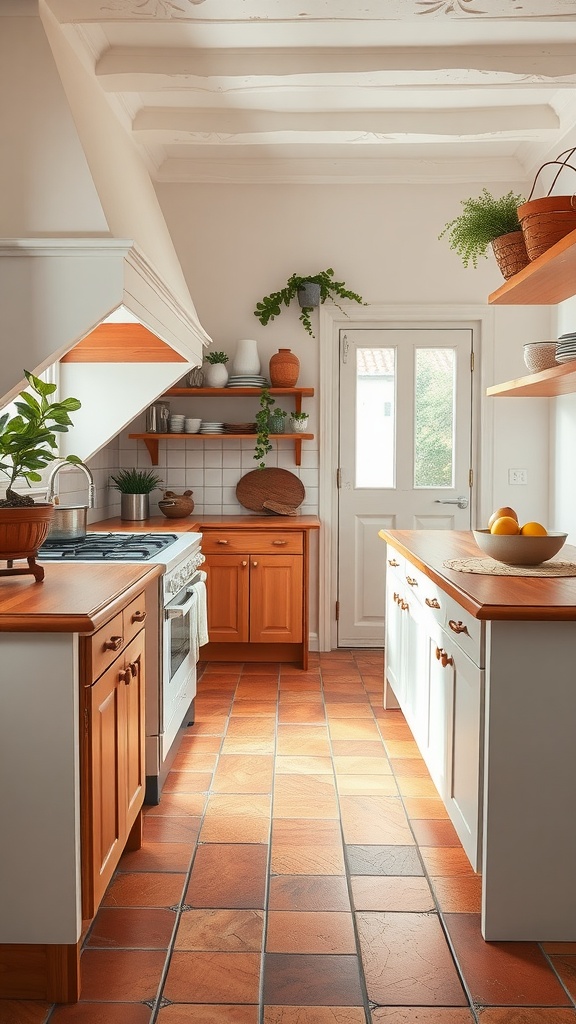 A cozy kitchen featuring terracotta tiles, wooden cabinets, and plants.
