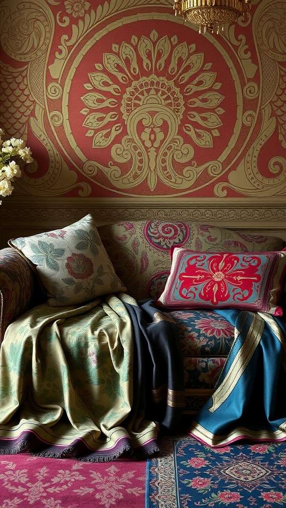 A cozy living space featuring Art Nouveau textiles with floral patterns and rich colors.