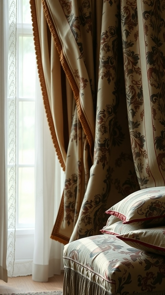 Colonial chic interior design showcasing patterned curtains and cushions.