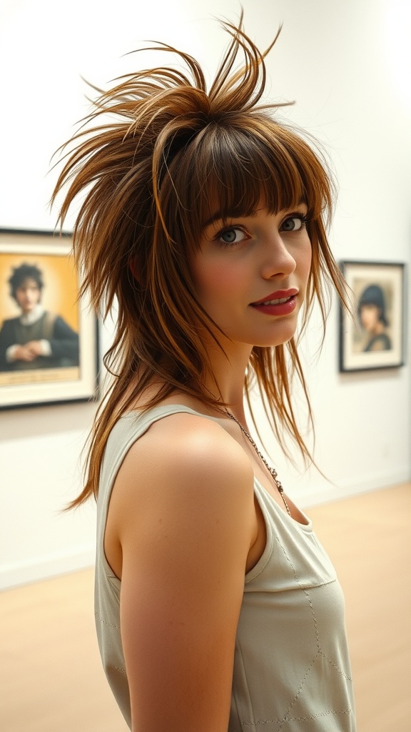 A woman with a mullet hairstyle featuring textured bangs, smiling in an art gallery.