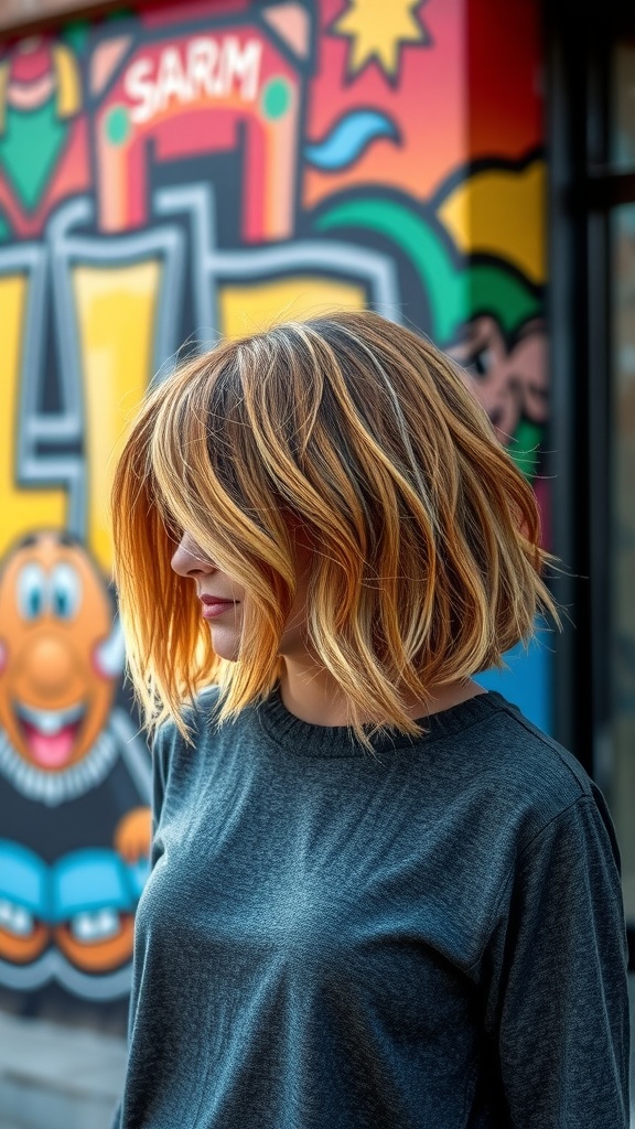 A woman with textured bob hairstyle and highlights next to a colorful mural.