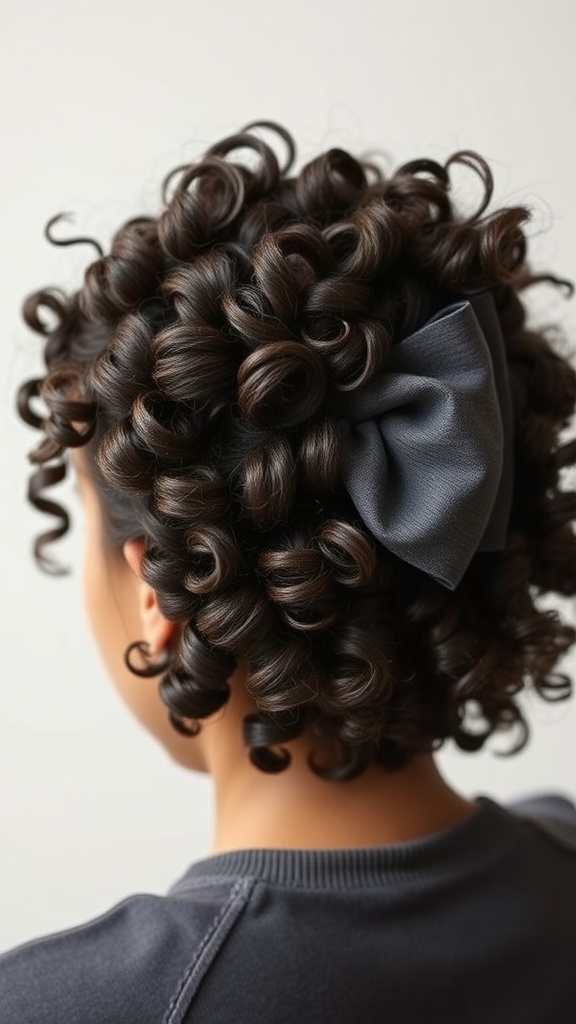A woman with curly hair styled in a textured bow shape.