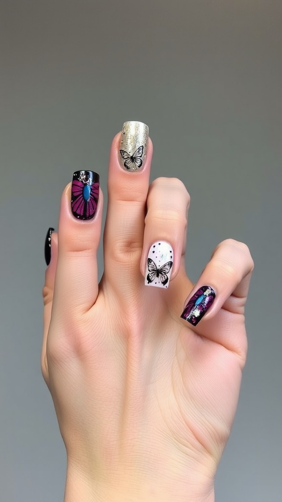 A hand displaying colorful butterfly-themed nail designs with glitter and textures.
