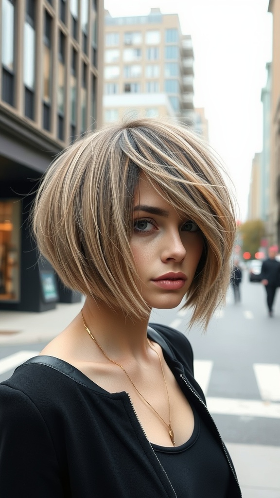 A woman with a textured choppy bob hairstyle featuring bangs, standing in an urban setting.