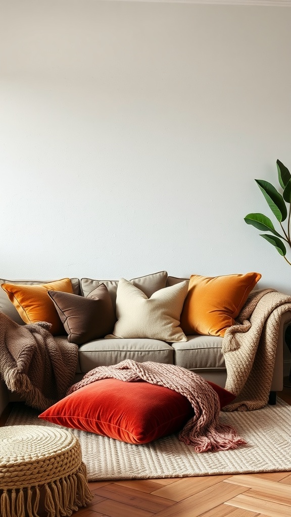 Cozy living room with a sofa adorned with colorful pillows and textured fabrics