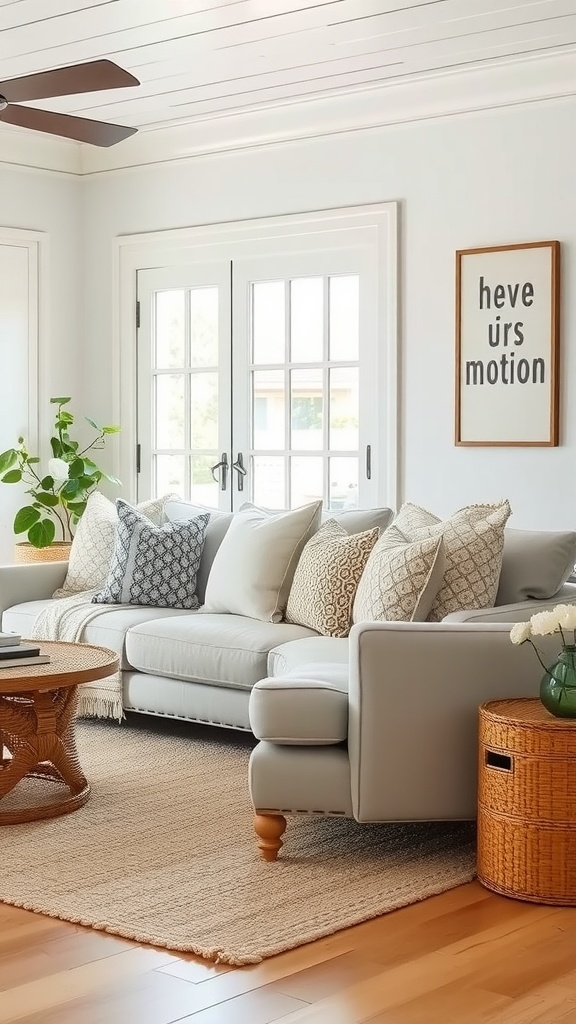 Cozy beach house interior with a light sofa, patterned pillows, and a natural rug.