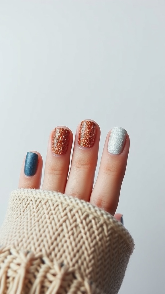 Close-up of short square nails with textured finishes in various colors