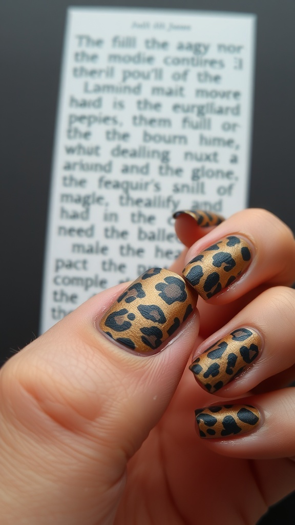 Close-up of textured leopard print nails with a matte finish.