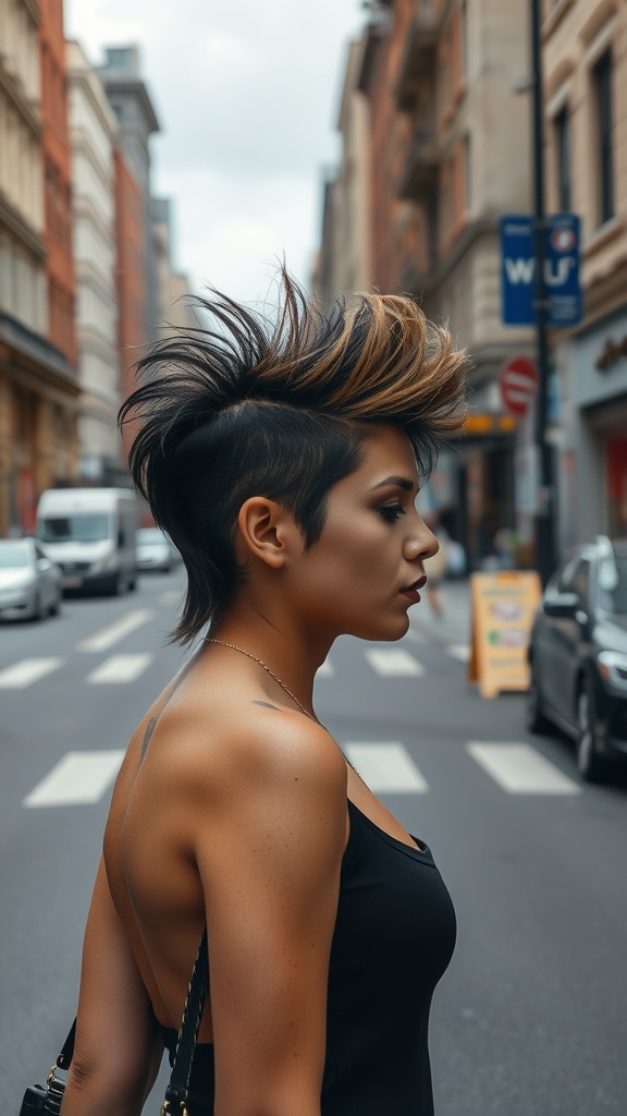 A woman showcasing a textured mullet hairstyle with a side shave, standing on a city street.