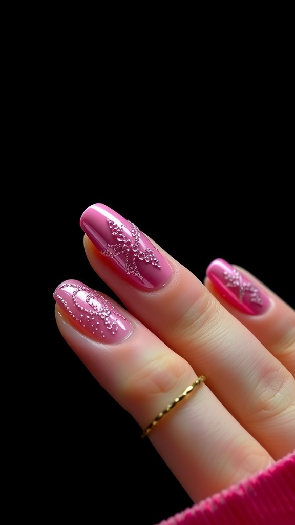 Close-up of textured pink chrome nails with decorative designs.