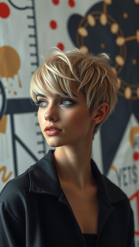 A model showcasing a textured pixie cut hairstyle.
