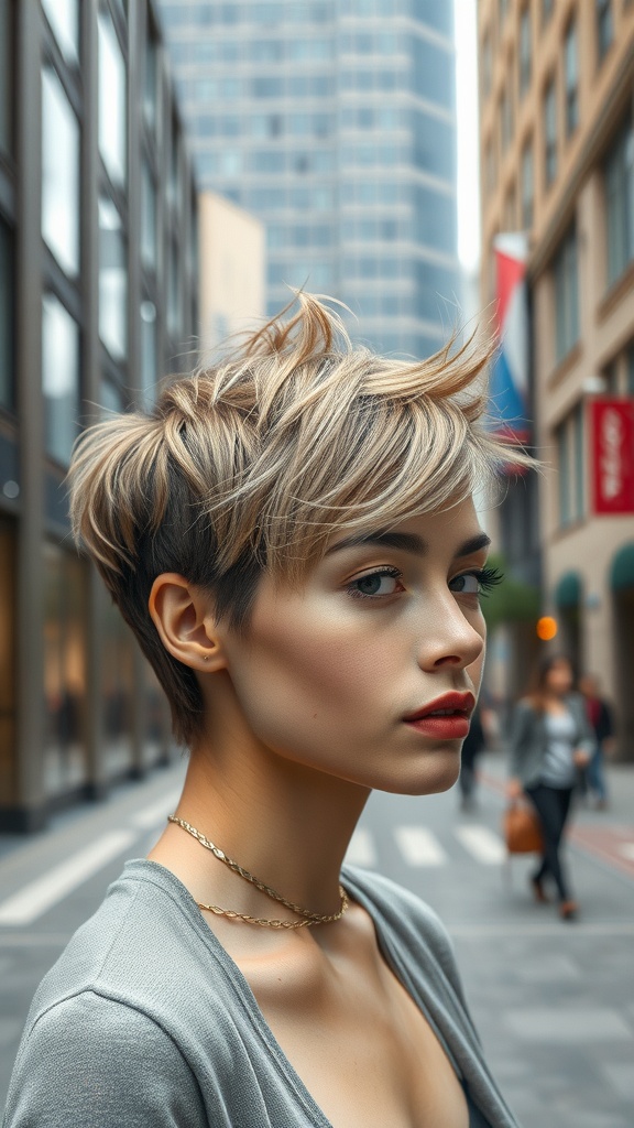 A woman with a textured pixie cut and wispy bangs, standing in a city street.
