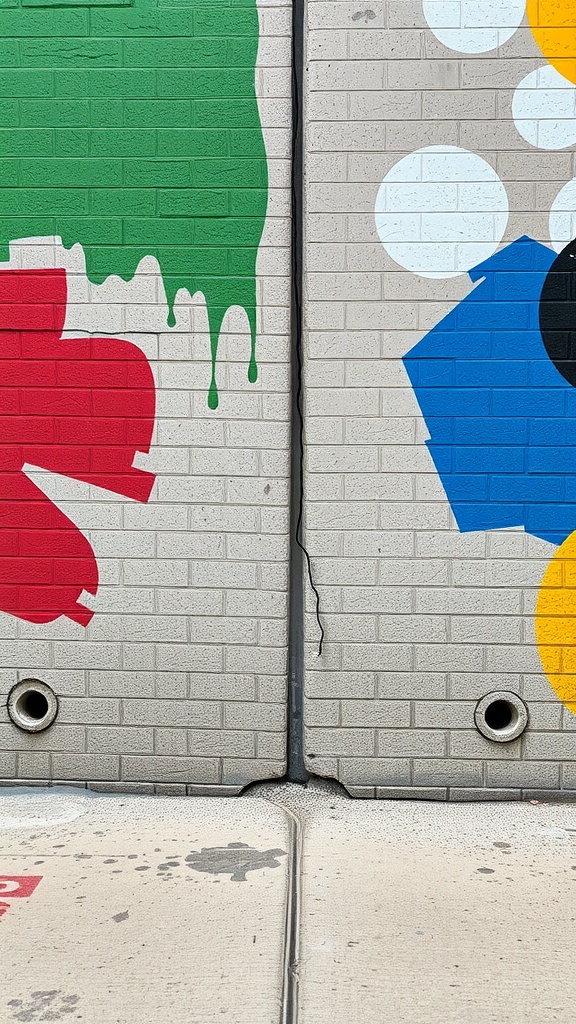 Colorful painted concrete walls with various shapes and designs.