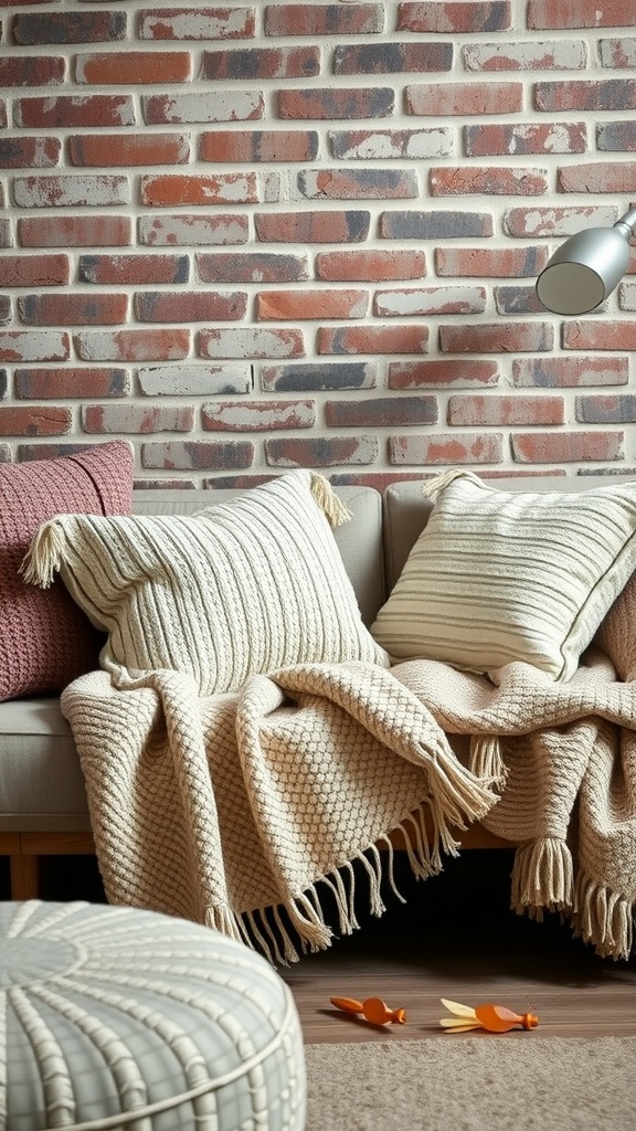 Cozy living room with a beige sofa adorned with textured throws and pillows against a brick wall.