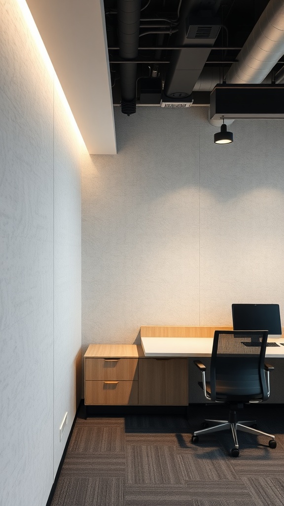 A modern office interior featuring a textured wall, sleek desk, and rolling chair.