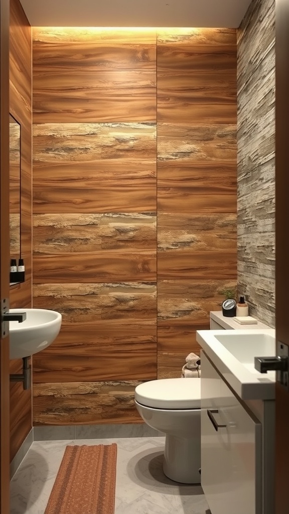 A modern bathroom with textured wood and stone wall treatments.